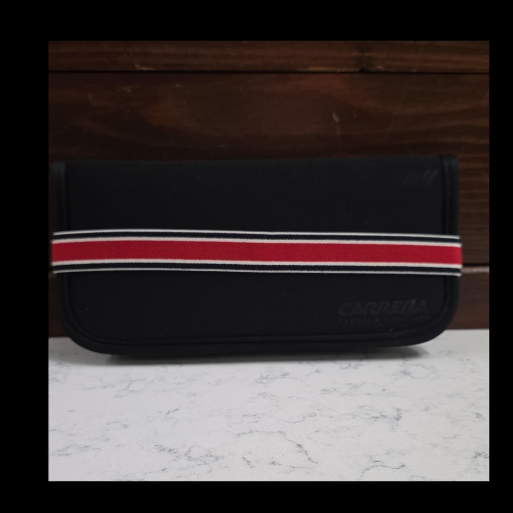 Carrera Black Soft Foldable Eyeglass Case Inner Compartment Red/White Stripe